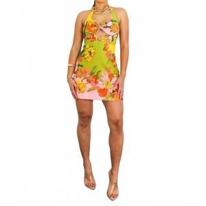 NEW SURELYMINE sunset bloom tropical floral cutout halter mini dress in green
